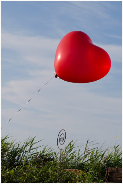 Fotografie: ein roter Luftballon in Herzform fliegt an einem dünnen Band in der Luft. Am unteren Bildrand ist Gras zu erkennen. Die Aufnahme ist an einem Strand aufgenommen