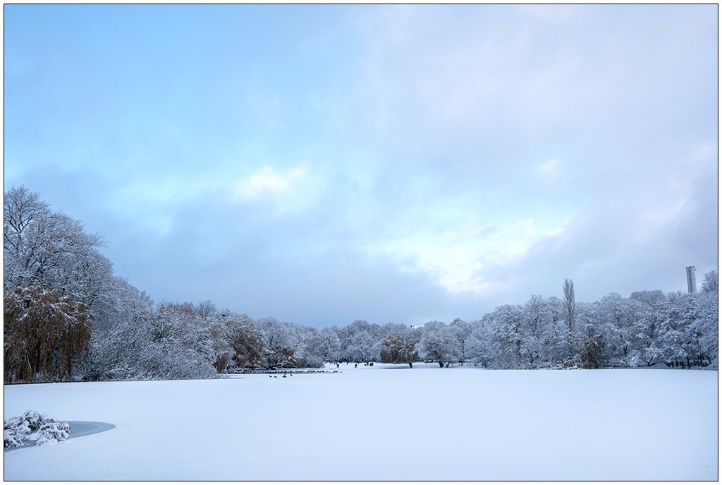 Schrevenpark in Kiel im Winter. Blick über den Schreventeich. Es liegt überall Schnee.