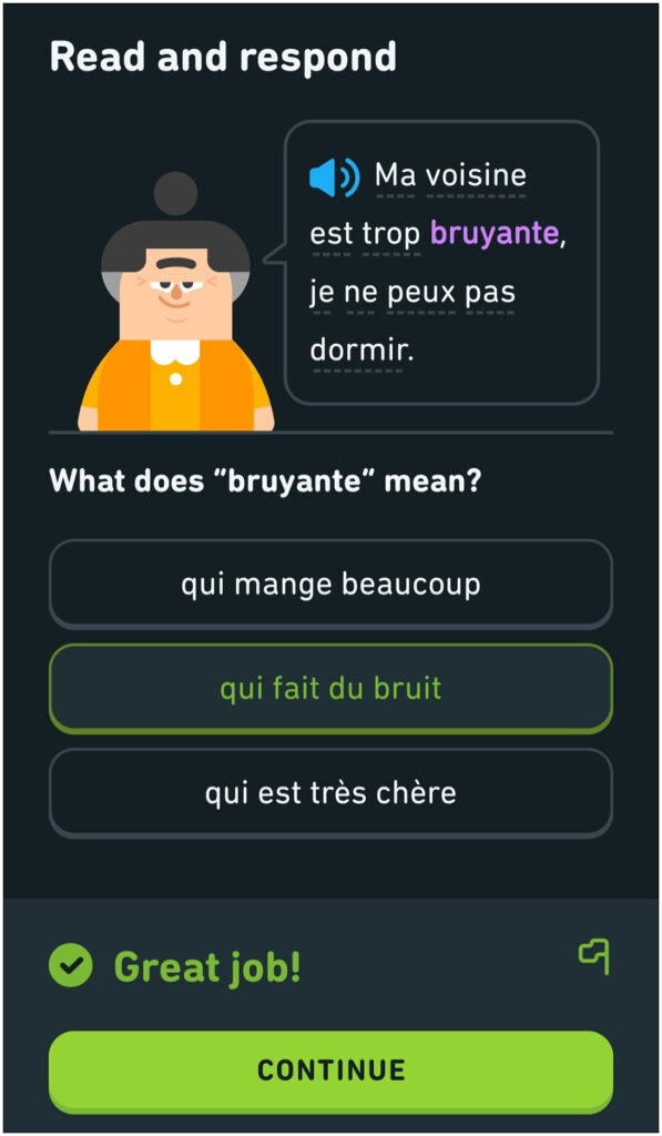 Screenshot. Sprachlern-App. Französisch-Englisch. Eingeblendet ist der Satz: Ma voisine est trop bruyante, je ne peux pas dormir."